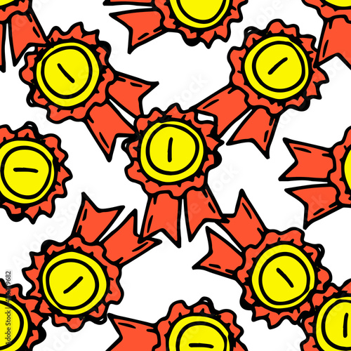 a pattern of a round gold medal on a red ribbon with the number one is a symbol of victory. seamless pattern of hand-drawn red ribbon with black outline in doodle style, round gold order with star orn