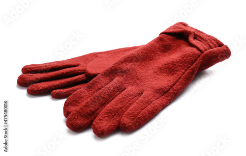 Stylish warm gloves on white background, closeup