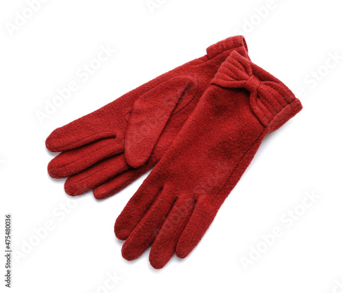 Stylish warm gloves on white background