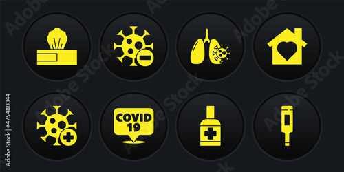 Set Positive virus, House with heart inside, Corona on location, Liquid antibacterial soap, Virus cells lung, Negative, Medical thermometer and Wet wipe pack icon. Vector