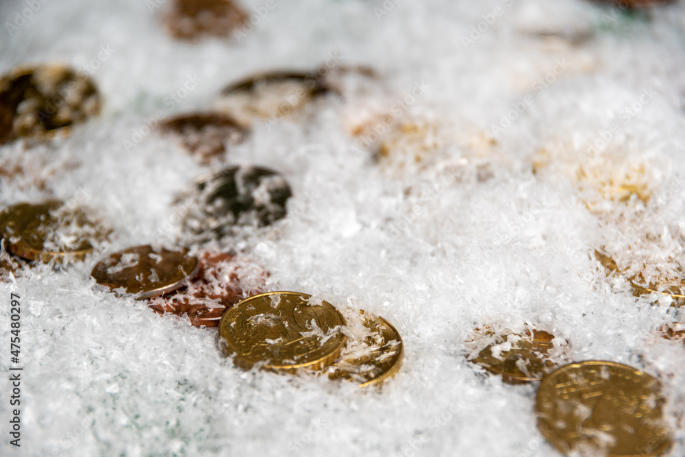 Fototapeta premium Gold coins covered with snow, close-up, selective focus. Success concept. Savings concept. Wealth concept in the new year