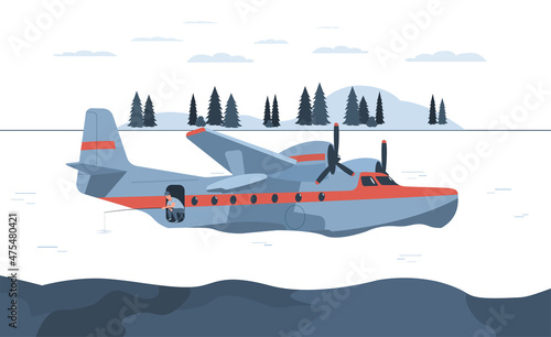 A man fishing from a seaplane. Vector illustration.