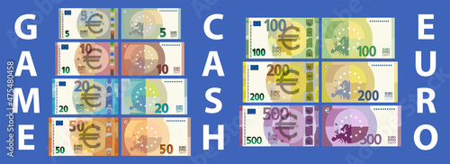 A set of game paper money in the style of EU cash. Banknotes in denominations of 5  10  20  50  100  200 and 500 euros. Obverse and reverse