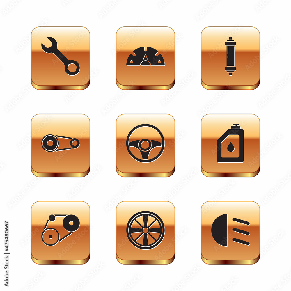 Set Wrench spanner, Timing belt kit, Alloy wheel, Steering, Shock absorber, High beam and Speedometer icon. Vector Set Wrench spanner, Timing belt kit, Alloy wheel, Steering, Shock absorber, High beam and Speedometer icon. Vector
