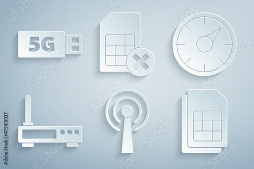 Set Antenna, Digital speed meter 5G, Router and wi-fi signal, Sim card, rejected and modem icon. Vector