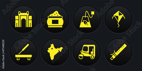 Set Scented spa stick, Kite, India map, Taxi tuk tuk, Tea bag, Indian spice, Bamboo flute indian and Gate Delhi icon. Vector