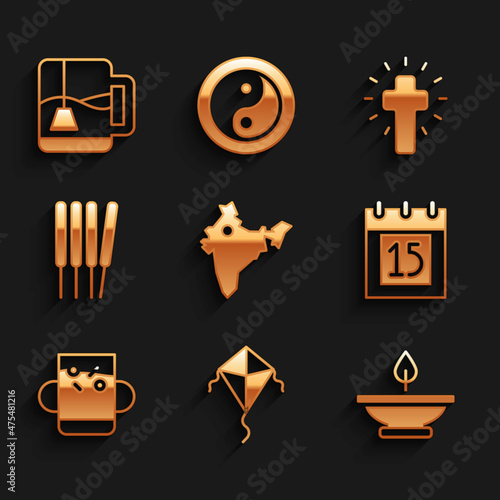 Set India map, Kite, Aroma lamp, Independence day, Cup of tea and leaf, sticks, incense, Christian cross and with bag icon. Vector