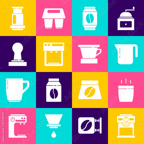 Set Coffee machine, cup, pot, Bag coffee beans, tamper, Aeropress and V60 maker icon. Vector