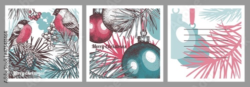 Vector colored postcards with bullfinches. Hand-drawn sketches. Fir branches with Christmas balls, cones, clusters of mountain ash. Engraving style