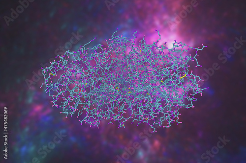 Molecular model of the fibrinogen-like domain of human angiopoietin-3. Rendering based on protein data bank. Scientific background. 3d illustration