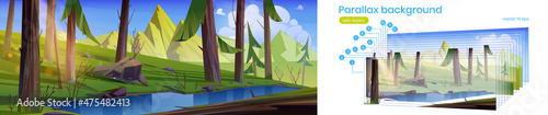Parallax background coniferous forest with lake and mountains. Nature 2d landscape with pond in deep wood. Cartoon summer nature scenery view with separated layers for game scene. Vector illustration