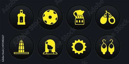 Set Agbar tower, Castanets, Spanish woman, Sun, Sangria pitcher, Football ball, Earrings and Orujo icon. Vector