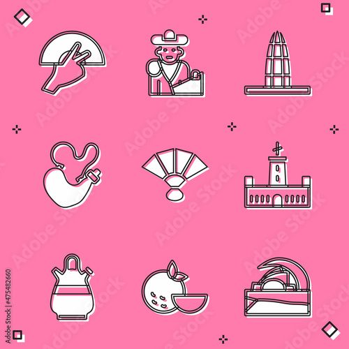 Set Fan flamenco, Bullfight, matador, Agbar tower, Spanish wineskin, Montjuic castle, Sangria pitcher and Orange fruit icon. Vector