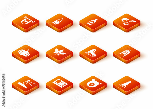 Set Lighthouse, Canadian dollar, Pumpkin, maple leaf, Bear head, Skates, spruce and Winter hat icon. Vector