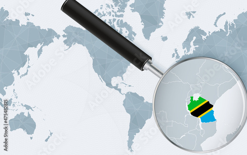 Enlarged map of Tanzania on America centered World Map. Magnified map and flag of Tanzania.