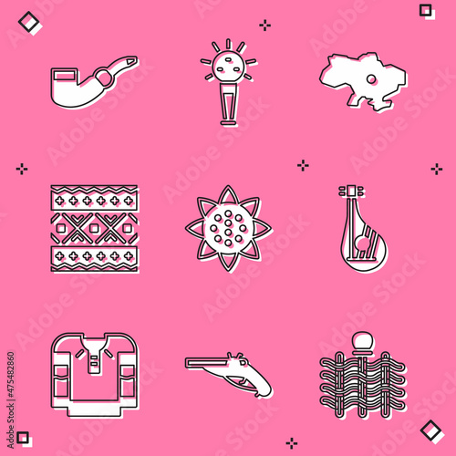 Set Smoking pipe, Mace, Map of Ukraine, Ukrainian ethnic pattern, Sunflower, Bandura, Embroidered shirt and Vintage pistols icon. Vector