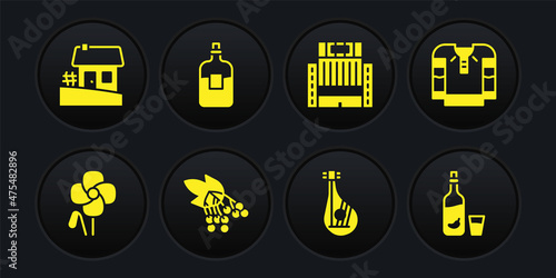 Set Poppy flower, Embroidered shirt, Branch viburnum, Bandura, Hotel Ukraina building, Bottle of vodka, Vodka with pepper glass and Ukrainian house icon. Vector