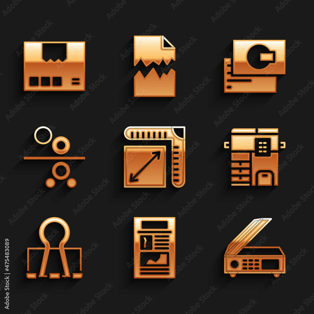 Set Paper size, News, Scanner, Copy machine, Binder clip, roll of printing press, Business card and Carton cardboard box icon. Vector Set Paper size, News, Scanner, Copy machine, Binder clip, roll of printing press, Business card and Carton cardboard box icon. Vector