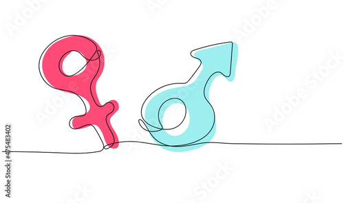 Continuous one line drawing of gender symbols (male and female).  Vector illustration
