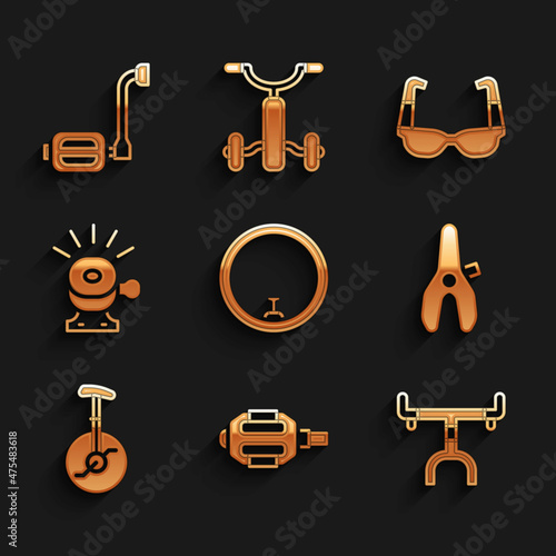Set Bicycle wheel, pedal, handlebar, seat, Unicycle or one bicycle, bell, Sport cycling sunglasses and icon. Vector
