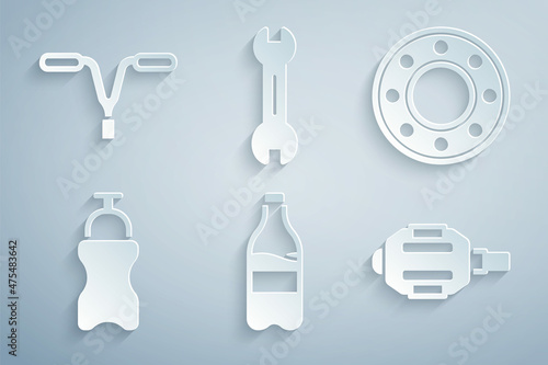 Set Sport bottle with water, Bicycle ball bearing, pedal, Wrench spanner and handlebar icon. Vector