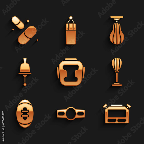 Set Boxing helmet, belt, Stopwatch, Punching bag, American Football ball, Ringing bell, and Vitamin pill icon. Vector
