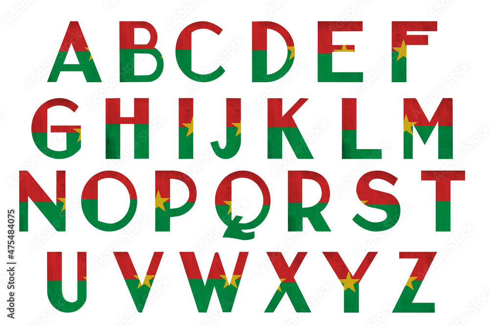 World countries. Universal Latin alphabet in colors of national flag. Burkina Faso