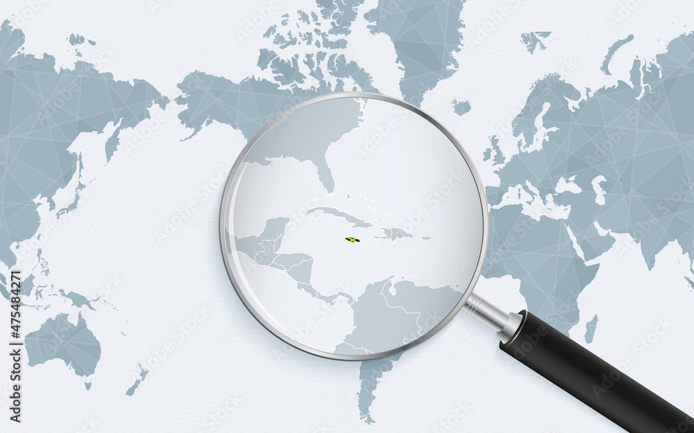 Enlarged map of Jamaica on America centered World Map. Magnified map and flag of Jamaica. Enlarged map of Jamaica on America centered World Map. Magnified map and flag of Jamaica.