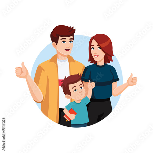 Happy family, dad, mom, son show thumbs up. Approval concept. Flat style illustration