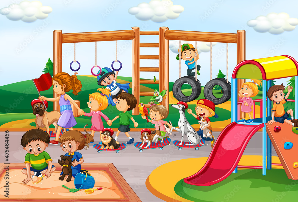 Kids playing with their animals at the playground Kids playing with their animals at the playground