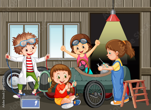 Garage scene with children fixing a car together