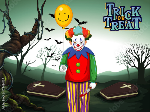 Creepy clown holding balloon on dark cemetery forest background
