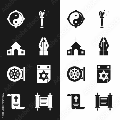 Set Hands in praying position, Church building, Yin Yang, Aspergillum, Dharma wheel, Jewish calendar, Decree, paper, parchment, scroll and icon. Vector