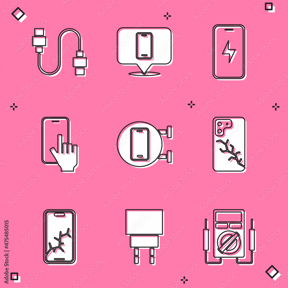 Set USB cable cord, Phone repair service, Mobile charging battery, with broken screen, and Charger icon. Vector Set USB cable cord, Phone repair service, Mobile charging battery, with broken screen, and Charger icon. Vector