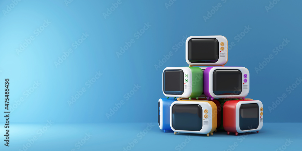 Heap of Colorful Retro TV on blue studio background Heap of Colorful Retro TV on blue studio background