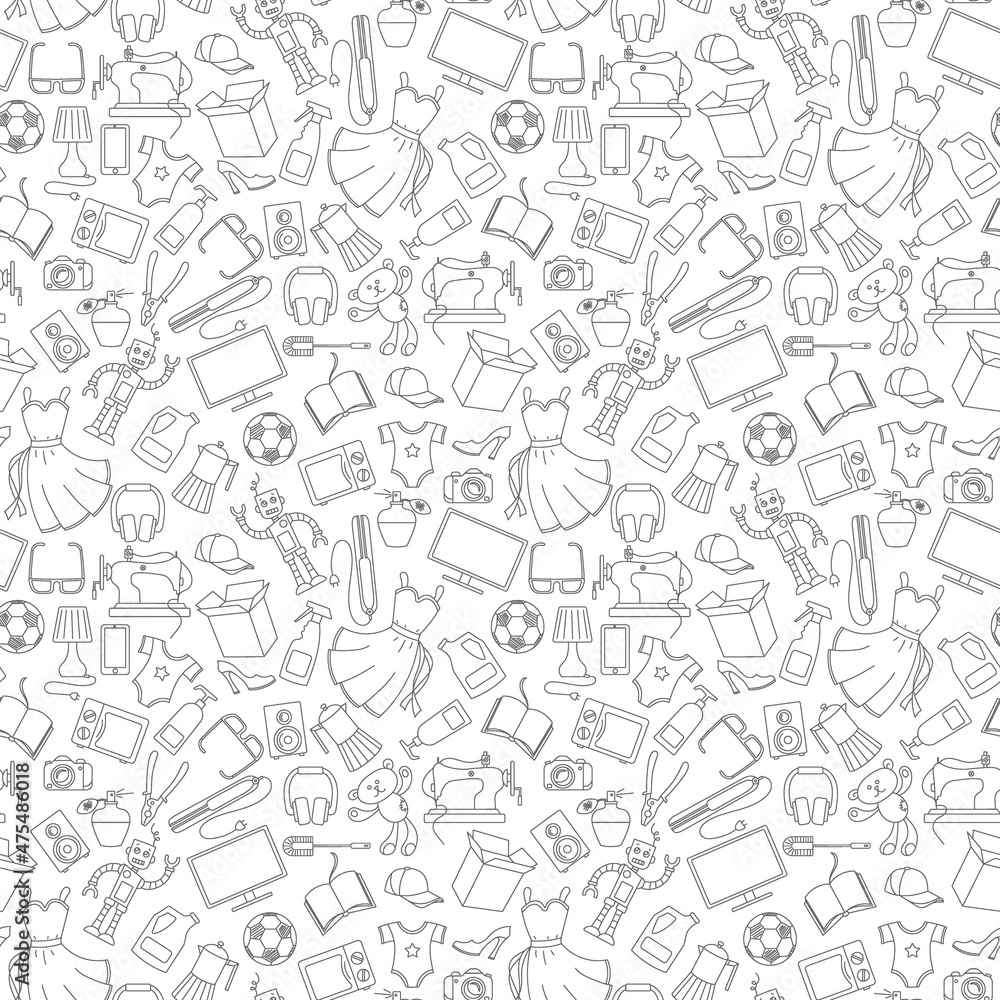 Seamless pattern on a variety of products and shopping, simple purchase icons, dark contours on a white background