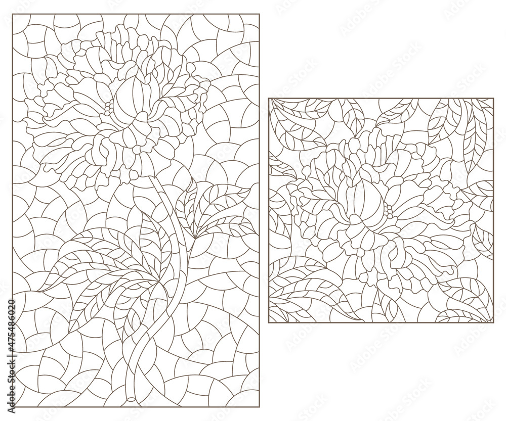 Set of contour illustrations in stained glass style with abstract peony flowers, dark outlines on a white background