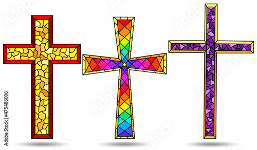 The illustrations in the stained glass style with set of Christian cross isolated on a white background