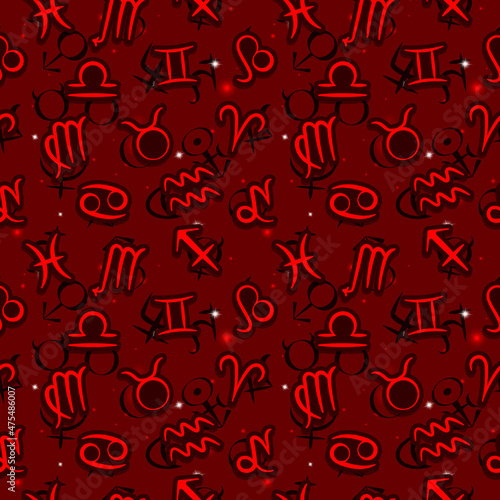 Seamless pattern with zodiac signs and the signs of the planets on the starry red background