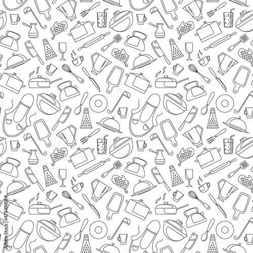 Seamless pattern on the theme of cooking and kitchen utensils, simple contour icons, black contour on white background