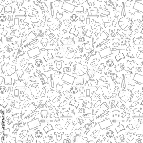 Seamless pattern on a variety of products and shopping, simple purchase icons, dark contours on a white background