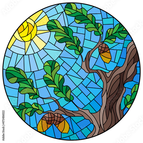 An illustration in the style of stained glass with autumn oak branches on a background of blue sky and sun, round image