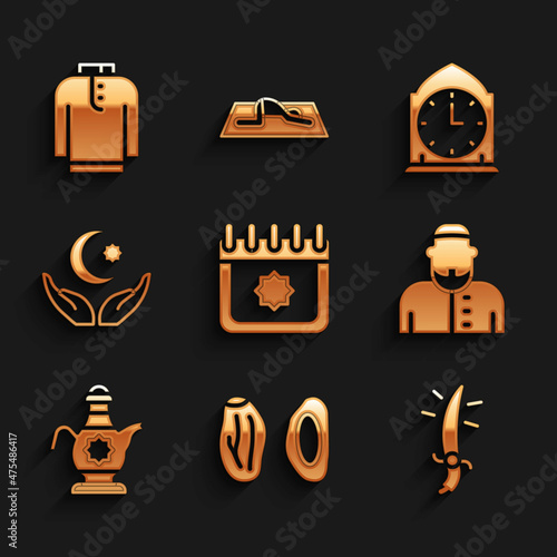 Set Ramadan calendar, Date fruit, Arabian saber, Muslim man, Islamic teapot, Star and crescent, Clock and Shirt kurta icon. Vector