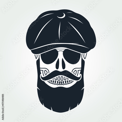 Hipster skull with mustache and bread in a Newsboy Cap and in sunglasses. Vector illustration.