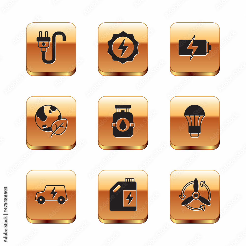 Set Electric plug, car, Eco fuel canister, Propane gas tank, Earth globe and leaf, Battery, Wind turbine and Lightning bolt icon. Vector Set Electric plug, car, Eco fuel canister, Propane gas tank, Earth globe and leaf, Battery, Wind turbine and Lightning bolt icon. Vector