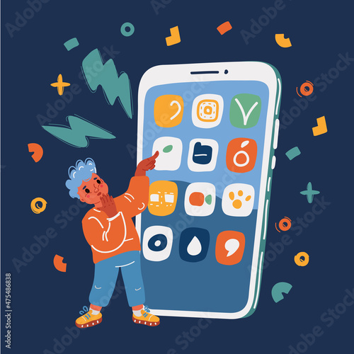 Cartoon vector illustration of little boy using Smartphone. Parental control and security concept