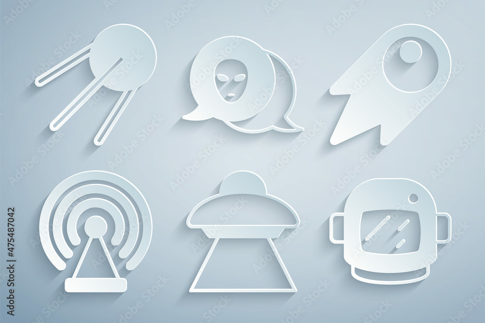 Set UFO flying spaceship, Comet falling down fast, Radar, Astronaut helmet, Alien and Satellite icon. Vector Set UFO flying spaceship, Comet falling down fast, Radar, Astronaut helmet, Alien and Satellite icon. Vector