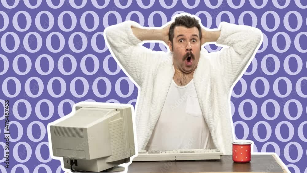 custom made wallpaper toronto digitalMan sitting at computer and retro monitor. Surprised or astonished funny freelancer or office worker using internet at home. Looped animation. 4k. Stop motion design, 2D animation. Business concept