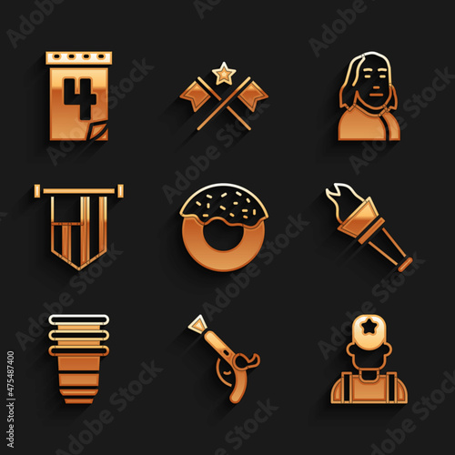 Set Donut, Vintage pistols, Sheriff cowboy, Torch flame, Paper glass, American flag, Benjamin Franklin and Calendar with date July 4 icon. Vector