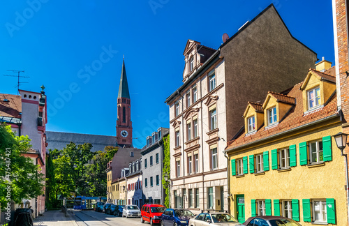 Historical buildings and St. Joahann Baptist church in Haidhausen, Munich.